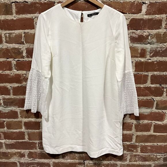 Zara Womens White Dress Lace Sleeves Large - Picture 1 of 5